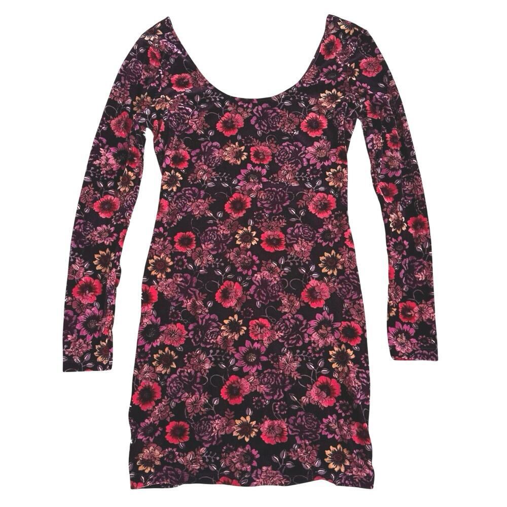 CANDIE'S Floral Velvet Bodycon Mini Dress Long Sleeve Scoop Neck Purple Size S - Picture 4 of 14